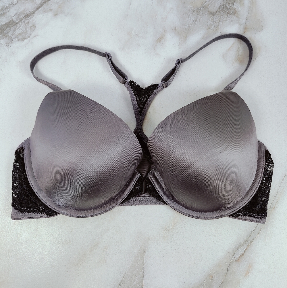 Maidenform Self Expressions Gray Black Lace T-Back Front Close Bra, Sz 34C